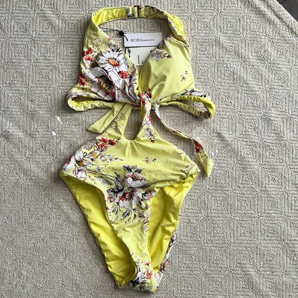 BCBG Generation | Yellow One Piece Floral PrintHigh Waist Swimsuit - Picture 1 of 10